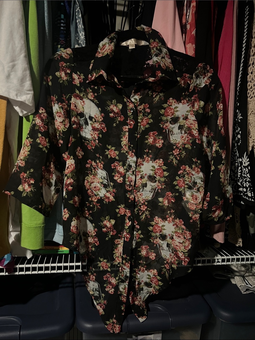 Floral Skull Print Black Sheer Button-Up Top
